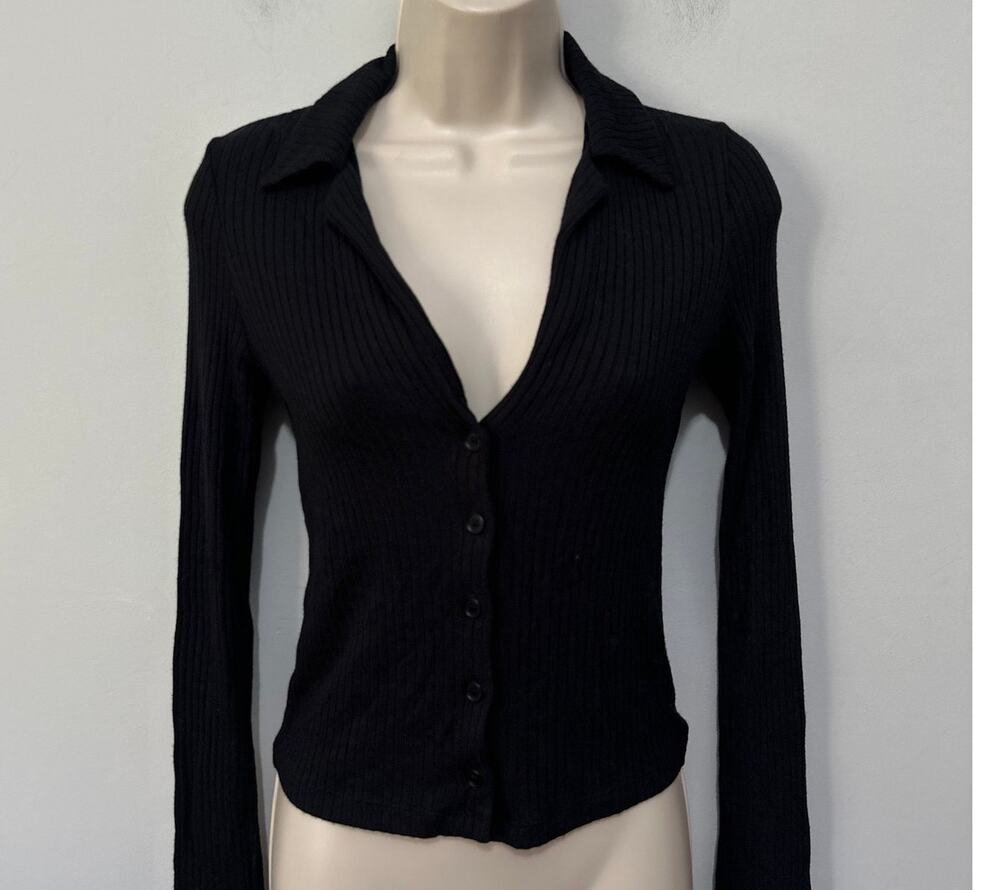 Reformation Jeans Top Womens Small Black Fitted Ribbed Knit Collared Minimalist
